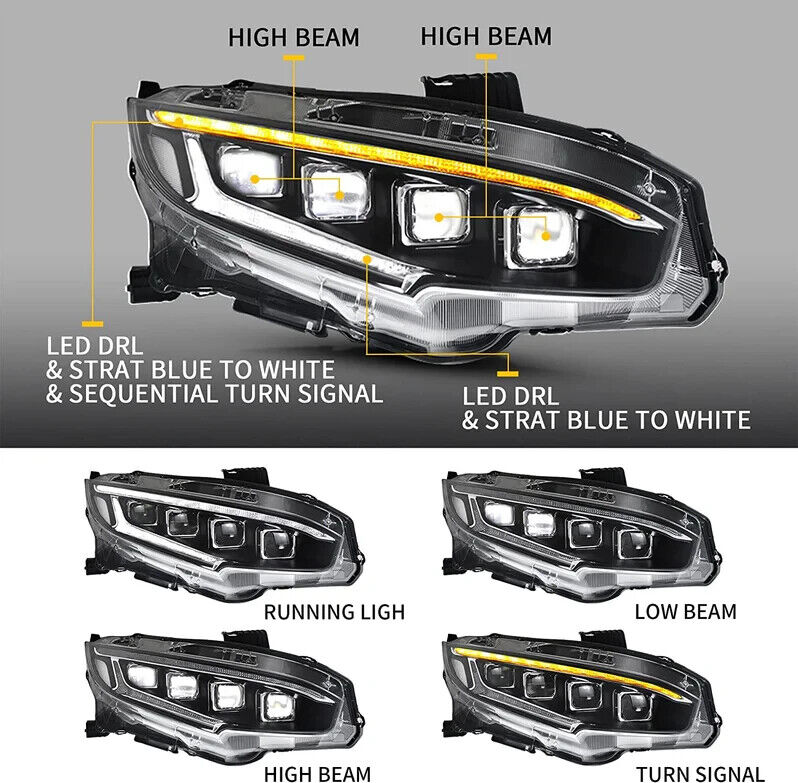 VLAND Honda Civic Sedan Coupe HB R 16-20 LED DRL Anim Lightbar Headlights US LHD