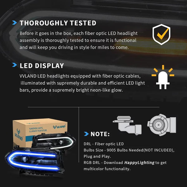 VLAND EU Pair Dodge Challenger 15-23 LED DRL RGB Colour Halo Headlights LHD