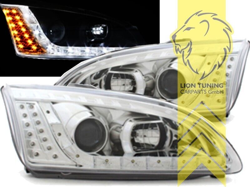 LT LED DRL Angel Eye Projector Headlights Ford Focus 2 MK2 04-08 Chrome LHD