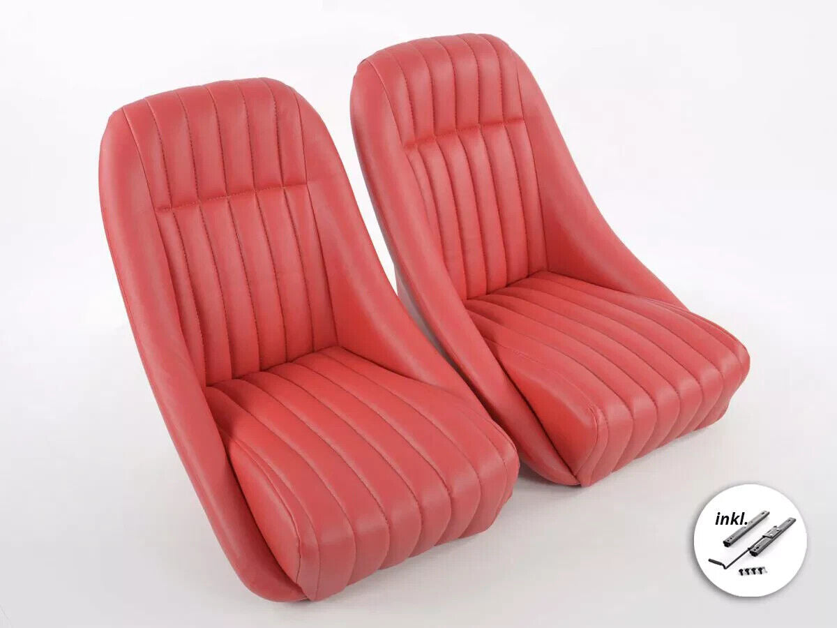 FK Pair Classic Retro Kit Car Bucket Sports Seats - Red Piping + slides