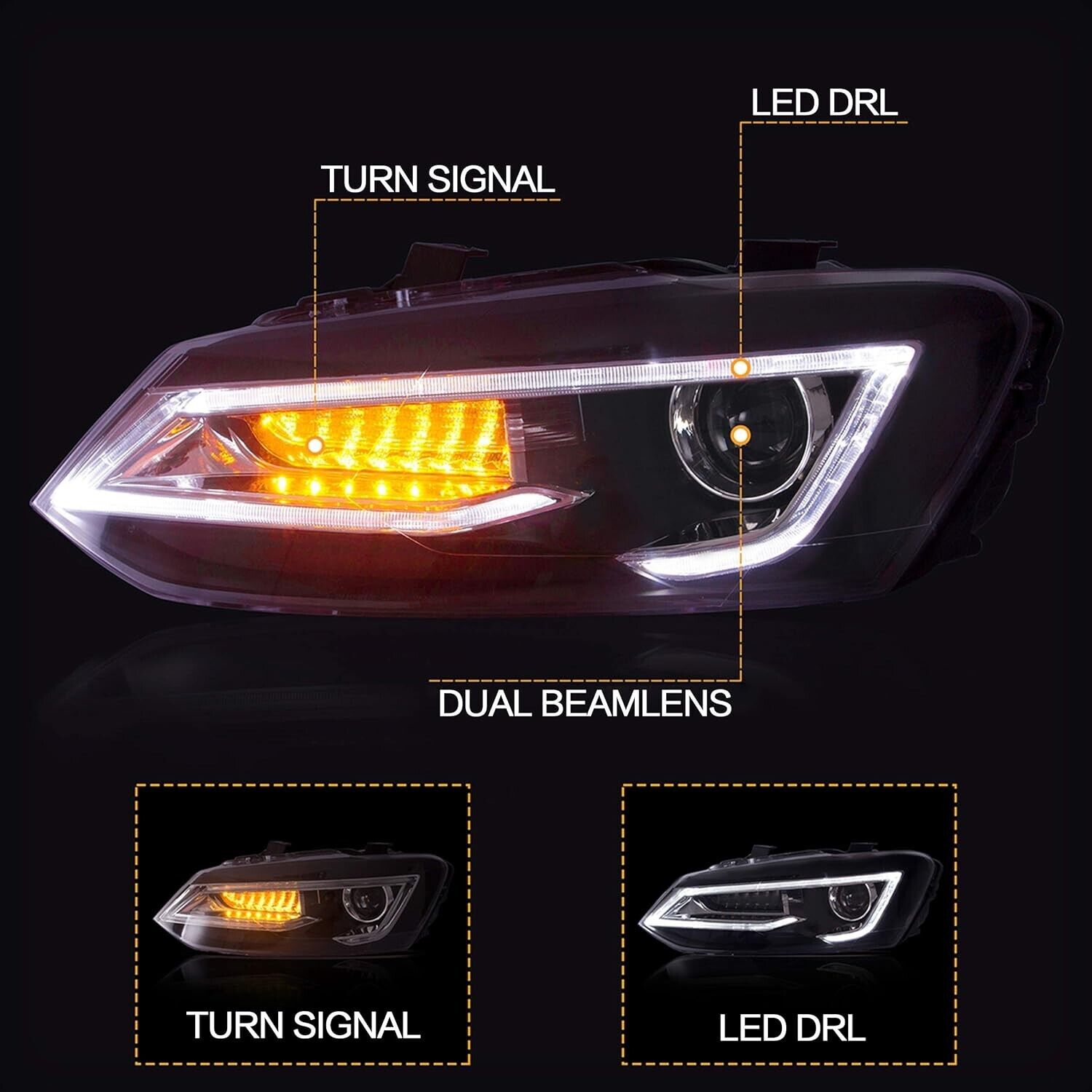 UK VLAND LED DRL Lightbar Headlights VW Polo MK5 6R 6C 09–17 LHD