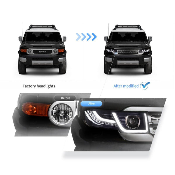 VLAND 07-15 Toyota FJ Cruiser Lightbar DYNAMIC LED DRL Headlights + D2S LHD