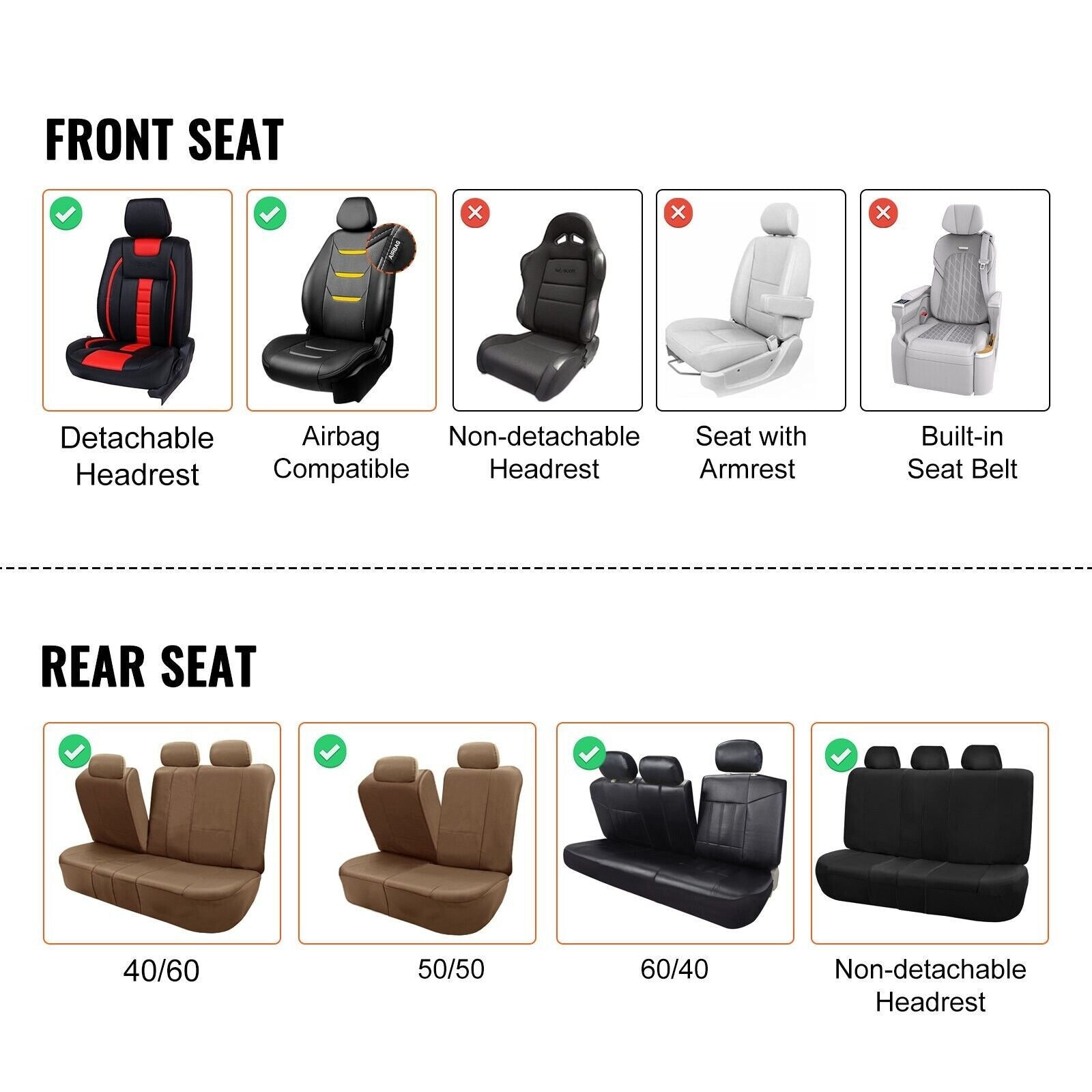 Universal Car Seat Covers Full Set Front and Rear Seats 13pc Faux Leather Airbag