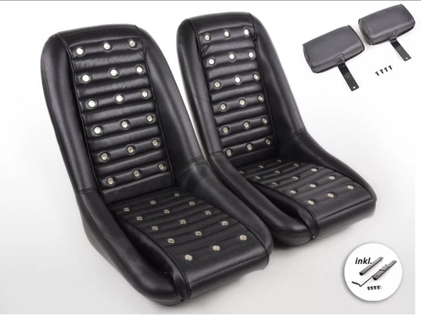 FK Pair Black Studded Headrest Classic Car Retro Kit Speedster Vintage Bucket Seats