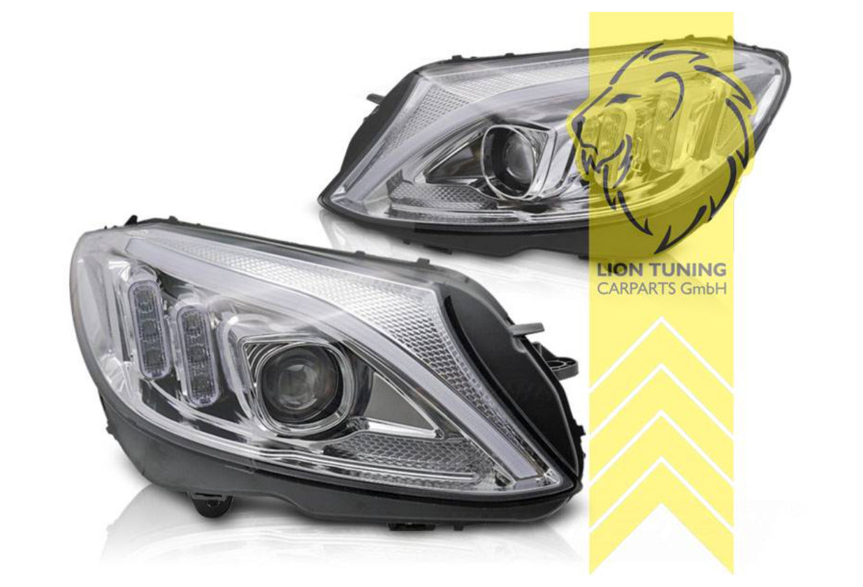 LT LED DRL Halo Lightbar Headlights Merc W205 S205 C205 A205 Chrome LHD 14-18