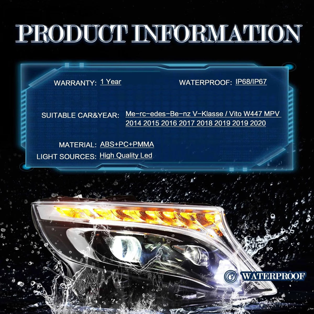 VLAND EU Pair Mercedes Metris Vito 14-23 LED DRL Lightbar Halo Headlights LHD