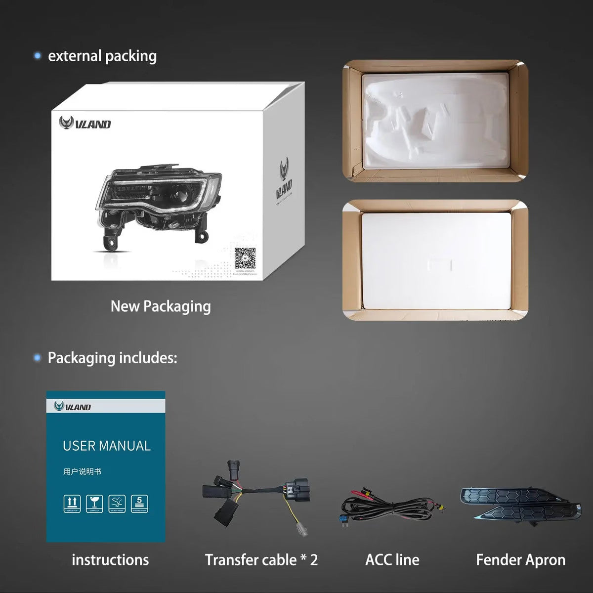 VLAND EU Pair Jeep Grand Cherokee 14+ LED DRL Seq Lightbar Headlights LHD