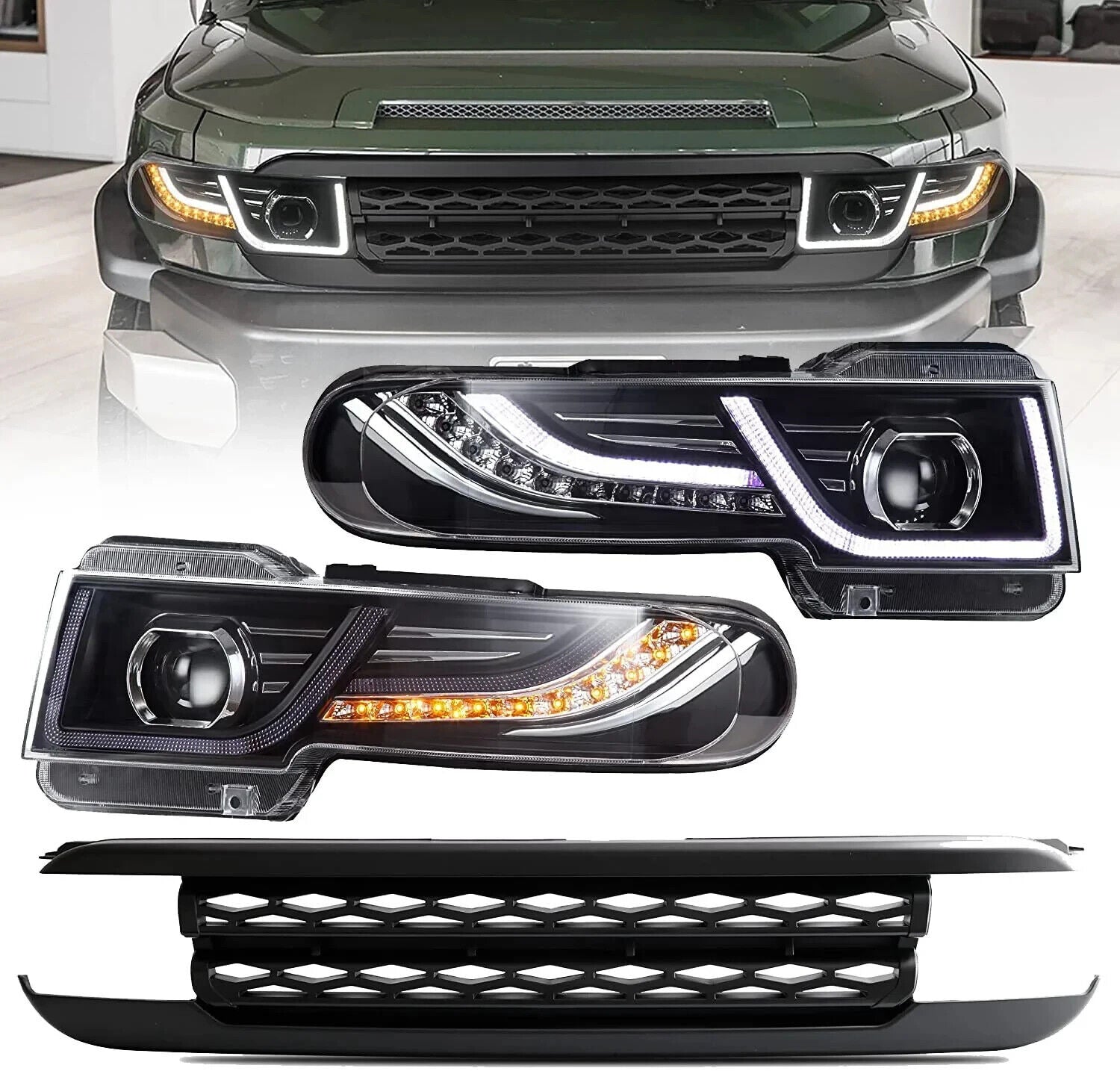 VLAND Toyota Fj Cruiser 2007-2023 SEQ LED DRL Lightbar Headlights + Grilles LHD