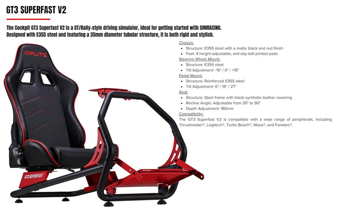 OPLITE GT3 Game Sim Racing Frame Rig & Seat for Screen Wheel Pedals Xbox PS PC