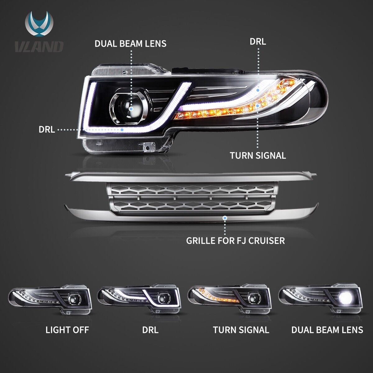 VLAND 07-15 Toyota FJ Cruiser Lightbar DYNAMIC LED DRL Headlights + D2S LHD