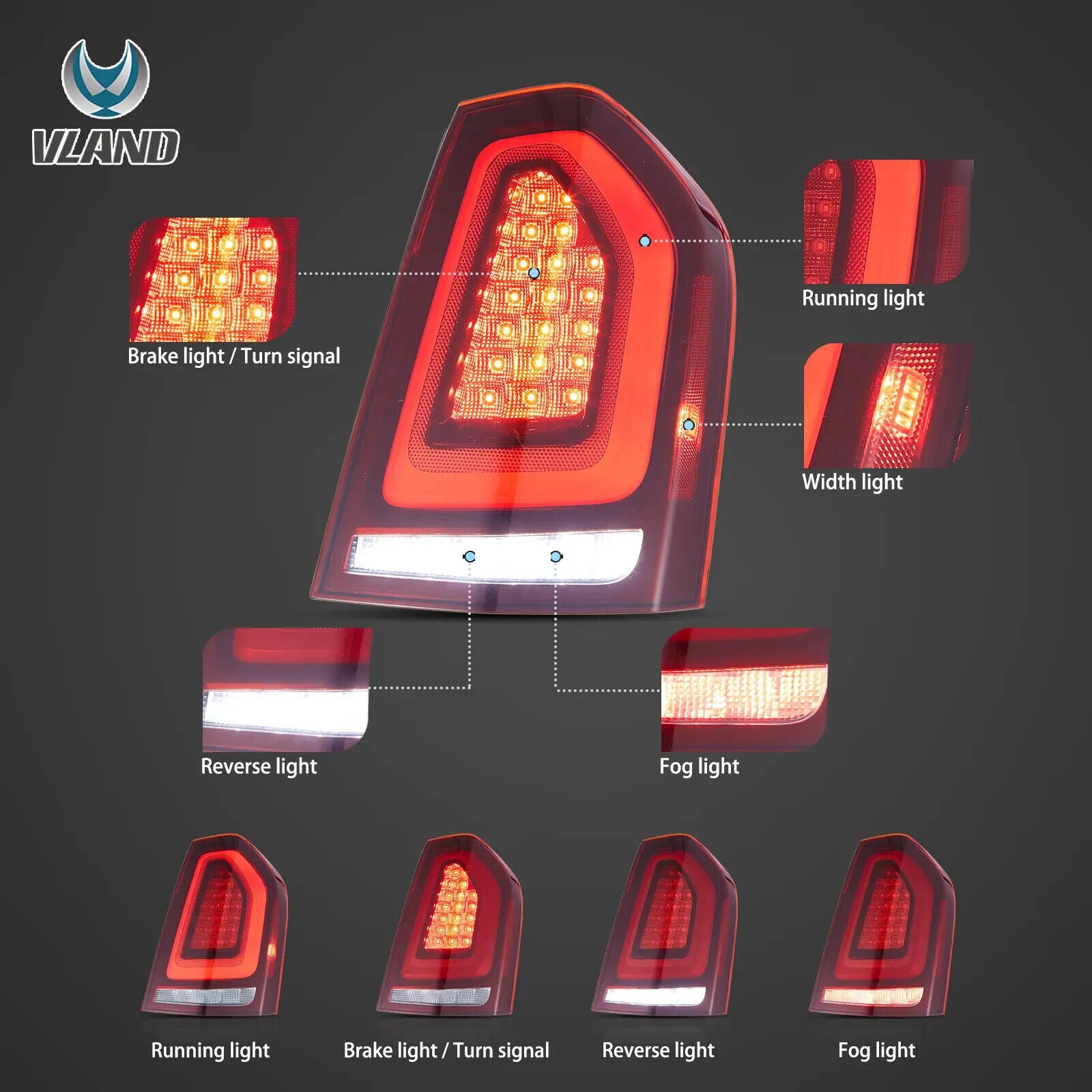 VLAND 11-14 Chrysler 300 & Lancia Thema Lightbar LED DRL Rear Lights Tail Lamps