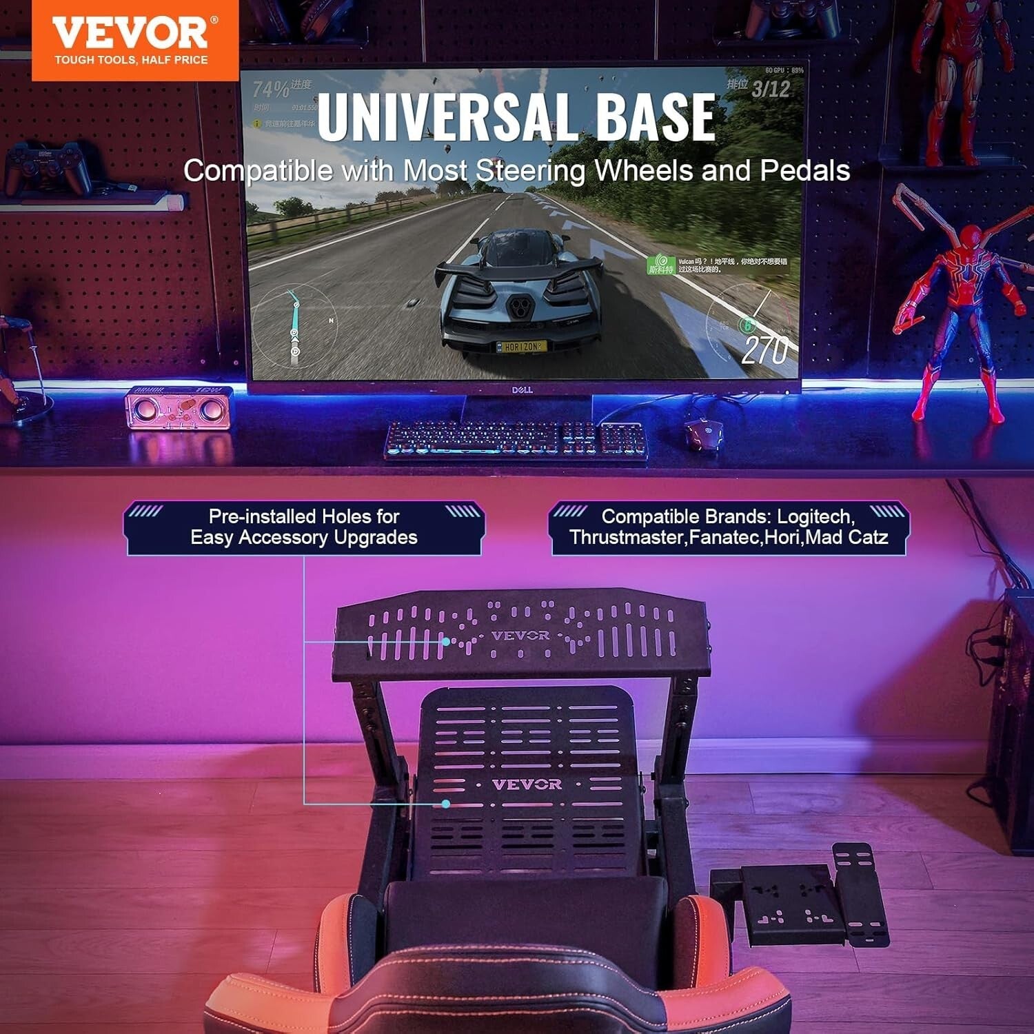 VVR Driving Game Sim Racing Frame Rig + Seat for Wheel Pedals Xbox PS PC