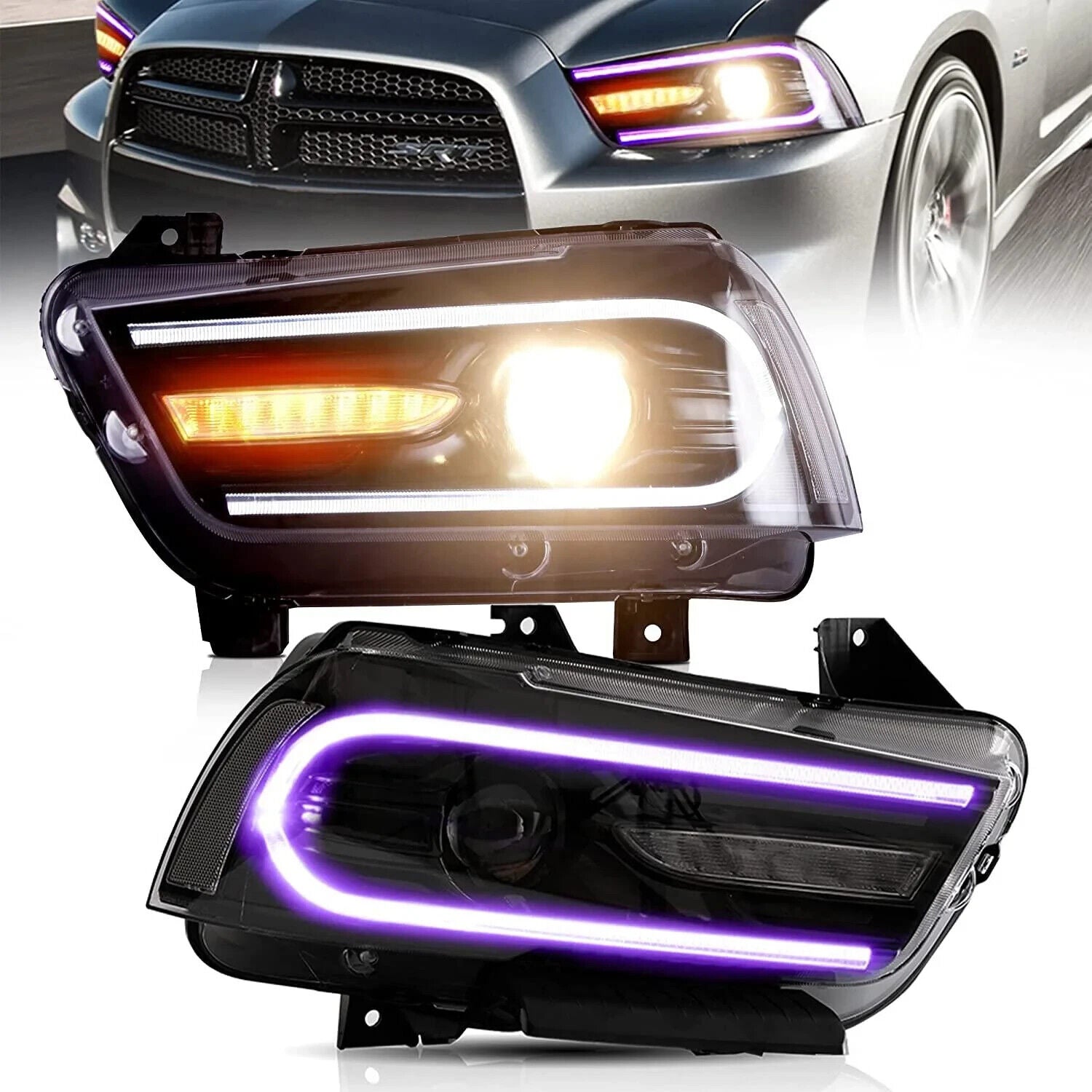 VLAND RGB Dual Beam Dodge Charger 2011-2014 SEQ LED DRL Lightbar Headlights