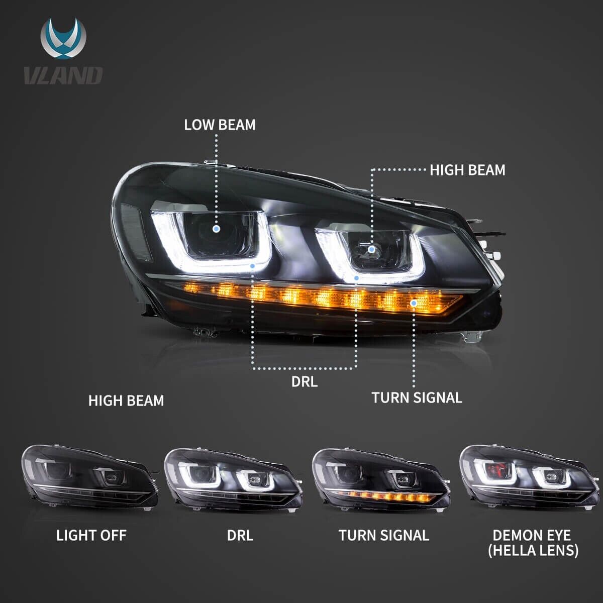 VLAND 08-14 Golf 6 MK6 A6 5K Lightbar DYNAMIC LED DRL Headlights Demon Eye RHD