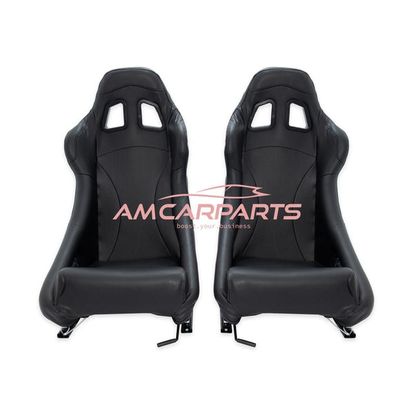 AMCP Pair Universal Fixed Back Motorsport Bucket Sports Seats PVC Black + slides