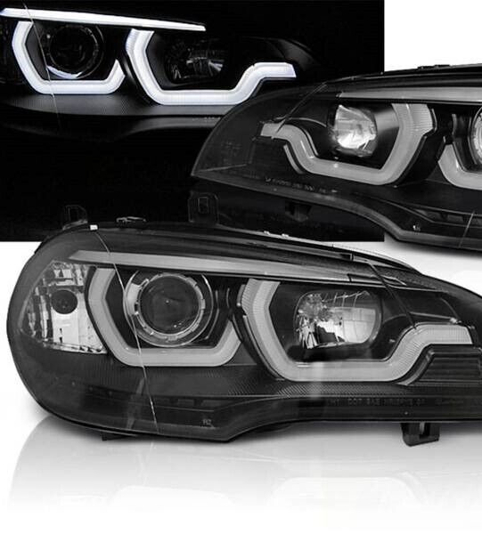 LT Pair LED DRL Halo Projector Headlights BMW X5 E70 07-10 Black H7 H1 LHD