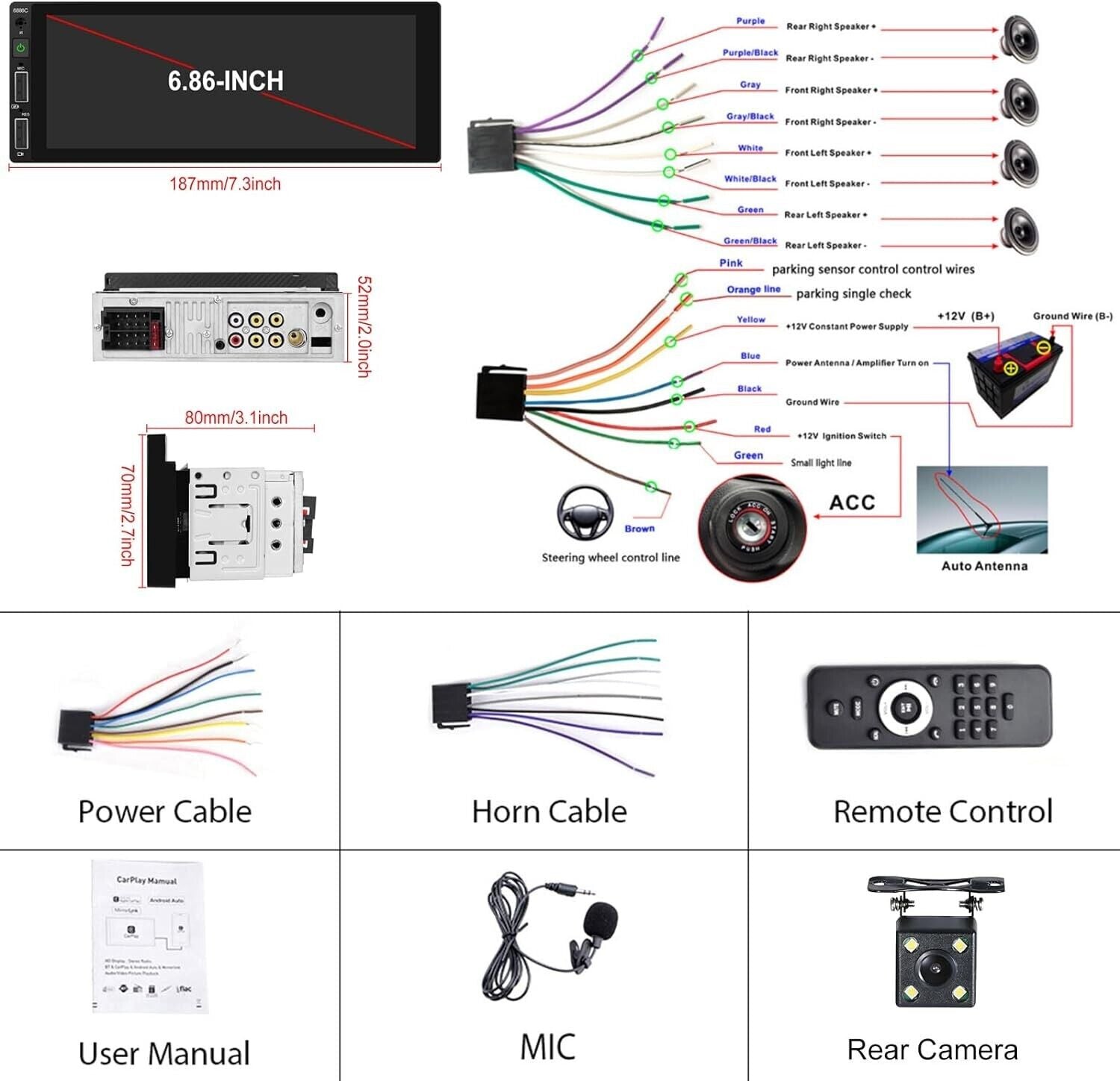 6.9" Screen 1 Din Car Stereo Wired CarPlay Android Auto BT USB C Camera