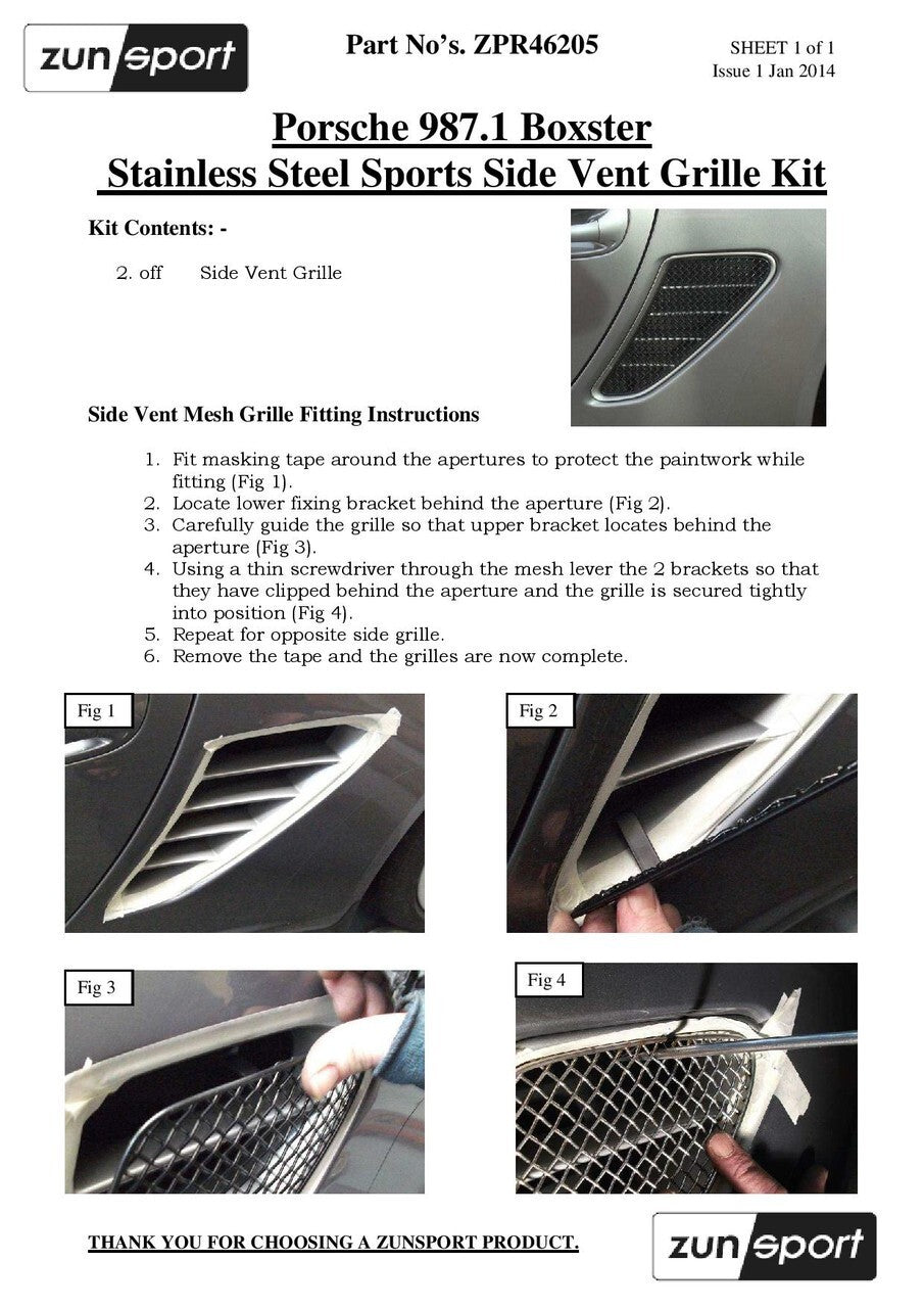 Zunsport Porsche Boxster 987 987.1 Auto Full Set - Stainless Front Grille Side Vents