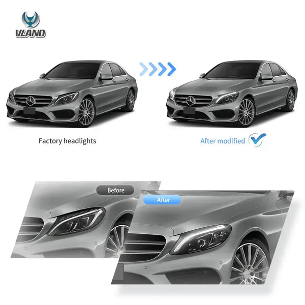 VLAND EU Pair Mercedes C-Class 15-21 LED DRL Seq Matrix Lightbar Headlights LHD
