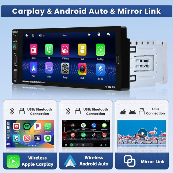 6.9" Screen 1 Din Car Stereo Wireless CarPlay Android Auto BT USB C Camera