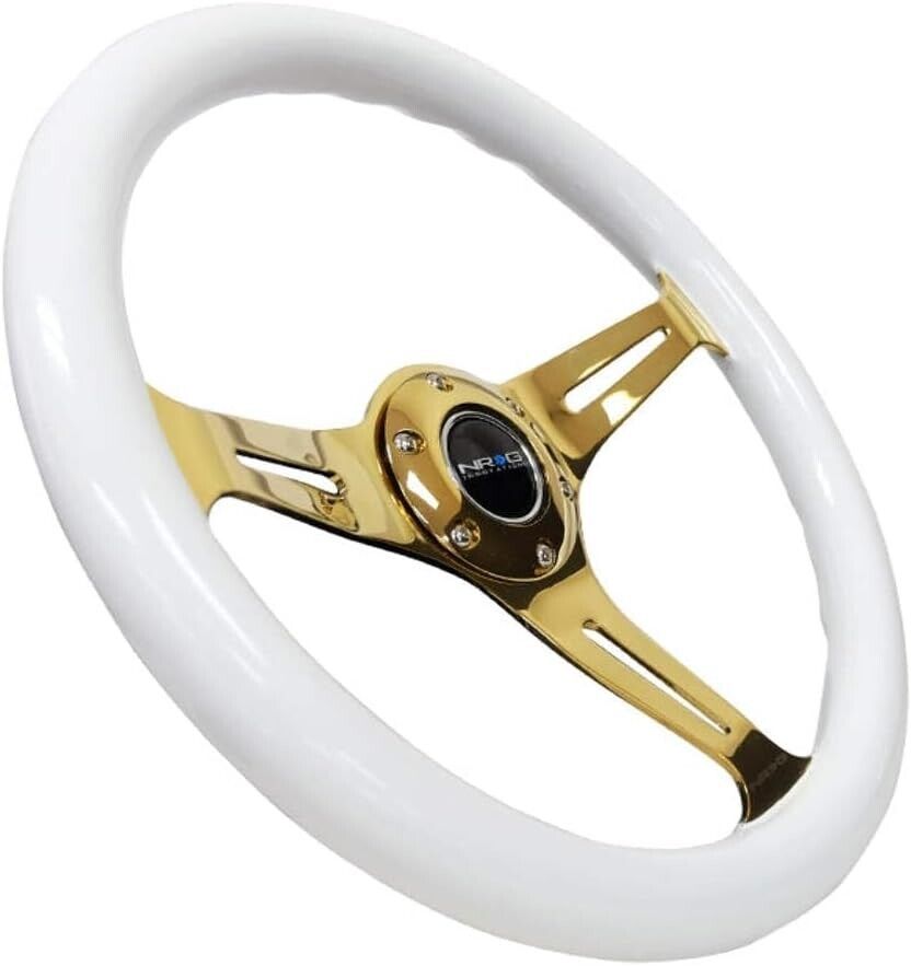 NRG Innovations Uni 350mm Leather Steering WHEEL Car Sim Gold & White Wood