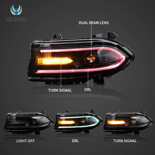 VLAND 15-23 Dodge Charger 7 MK7 7th Gen LD Lightbar RGB LED DRL Headlights LHD