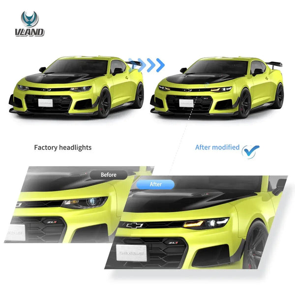 VLAND Pair 19-24 Chevy Camaro LED DRL Lightbar Dual Beam Projector Headlights