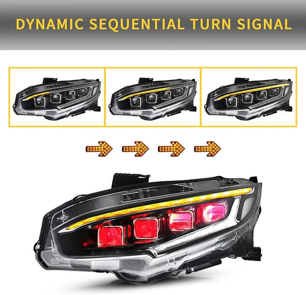 VLAND Honda Civic Sedan Coupe HB R 16-20 LED DRL Anim Lightbar Headlights US LHD