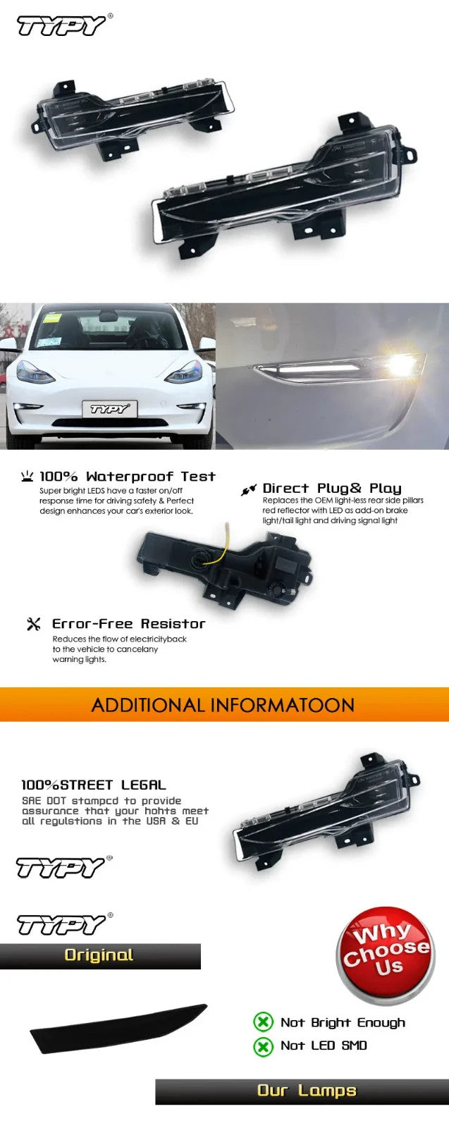 TYPY Pair 19-21 Tesla Model 3 Front Bumper LED DRL Turn Signal Fog Lights