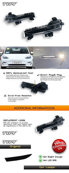 TYPY Pair 19-21 Tesla Model 3 Front Bumper LED DRL Turn Signal Fog Lights