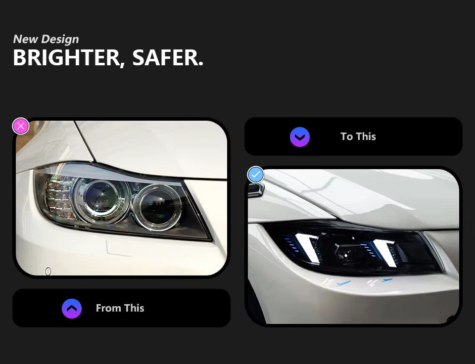 AKD Pair BMW E90 05-12 LED DRL Dynamic Lightbar Headlights LHD