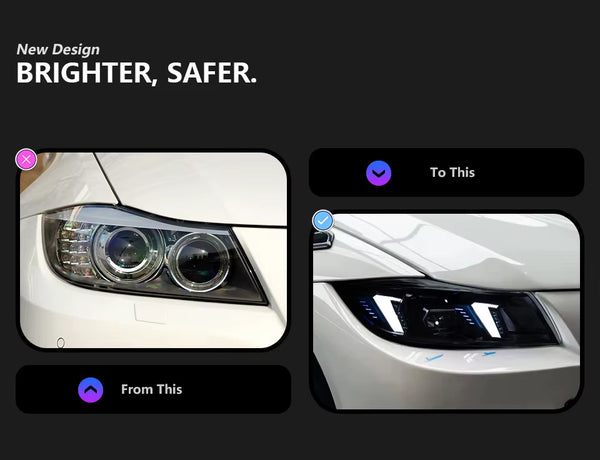 AKD Pair BMW E90 05-12 LED DRL Dynamic Lightbar Headlights LHD