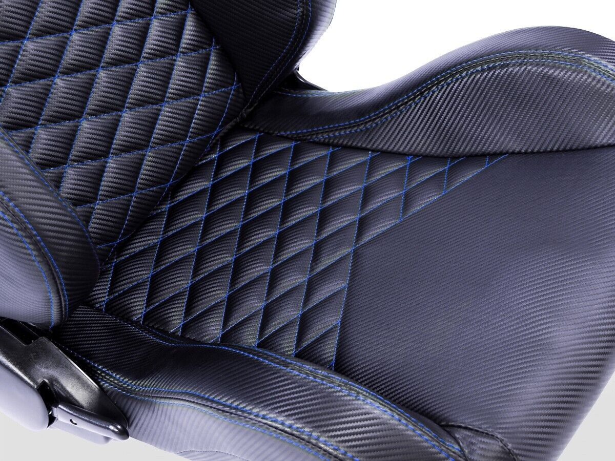 UK FK Universal Car 4x4 Bucket Sports Seats Quilted Carbon Weave Blue Stitch