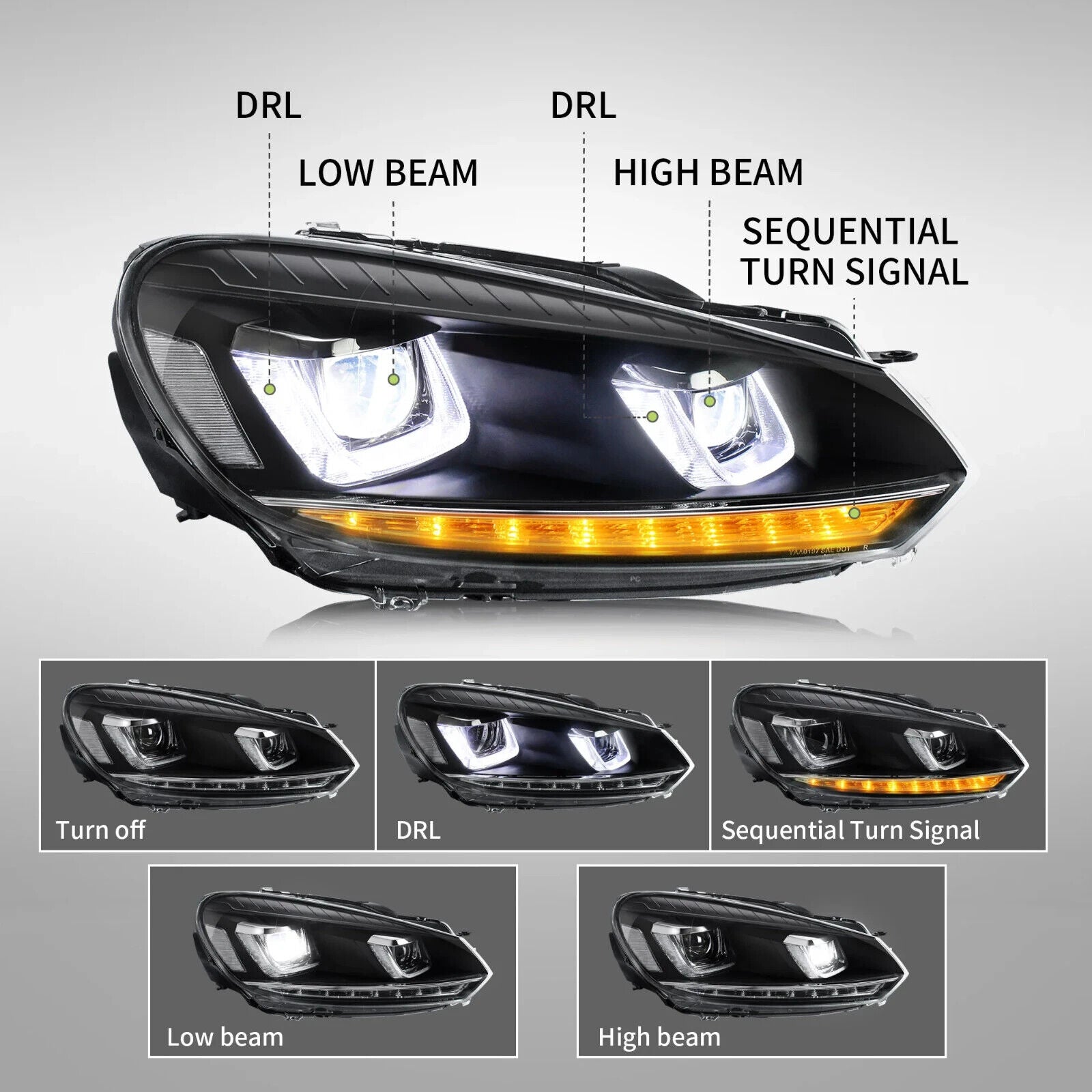 VLAND VW Golf 6 MK6 08-14 SEQUENTIAL LED DRL Lightbar Headlights LHD