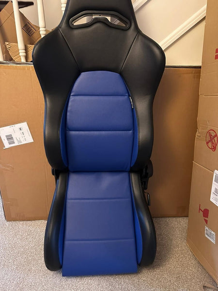 UK Stock - Auto-Style x1 Single - Car & Racing Sim - Universal Reclining Sports Bucket Seat BLACK BLUE + runners