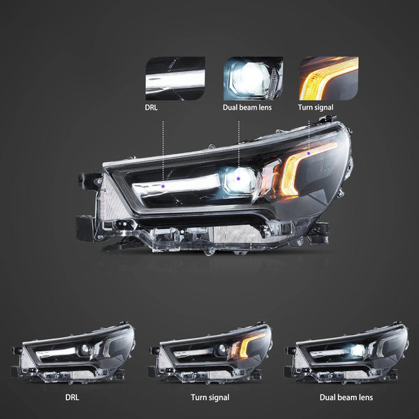 VLAND 21-24 Toyota Hilux Bi LED DRL Projector Streamer Headlights Black LHD RHD