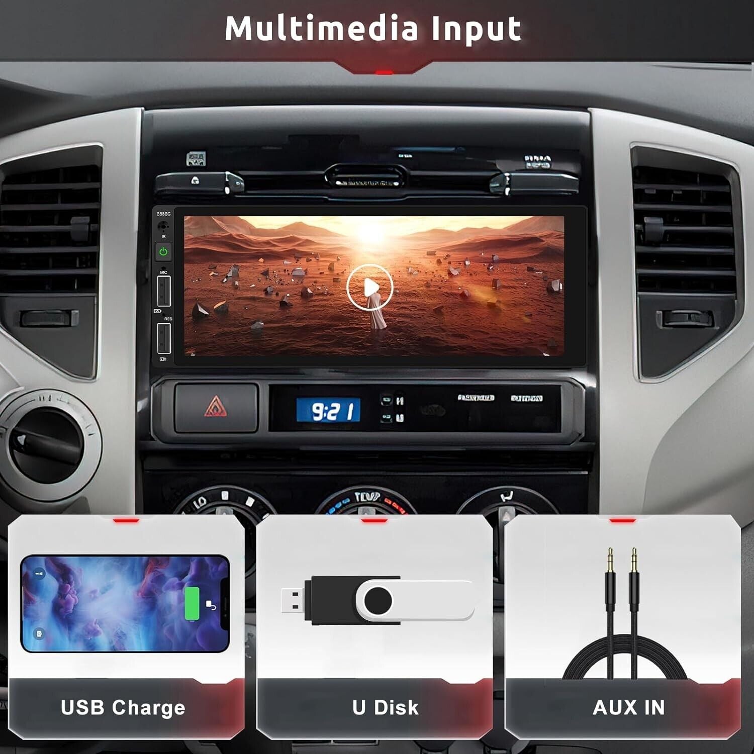 6.9" Screen 1 Din Car Stereo Wired CarPlay Android Auto BT USB C Camera