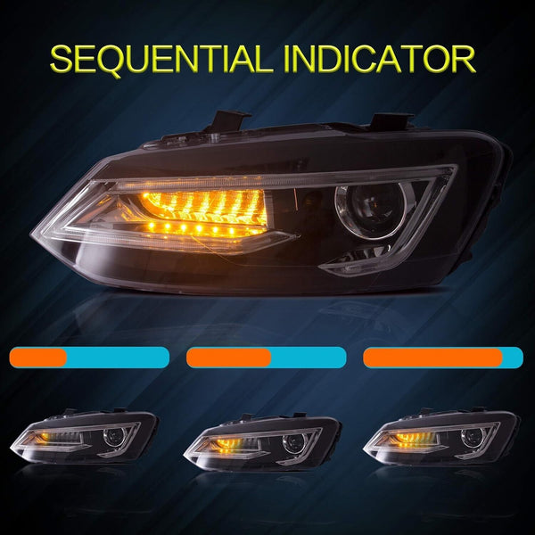 UK VLAND LED DRL Lightbar Headlights VW Polo MK5 6R 6C 09-17 Sequential LHD