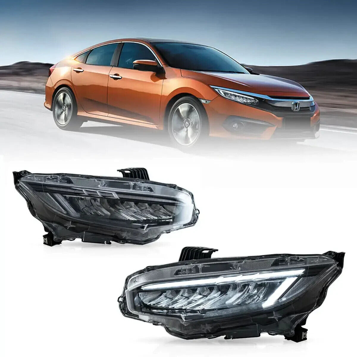 VLAND 16-21 Honda Civic Gen 10 MK10 Lightbar Chrome LED DRL Headlights LHD
