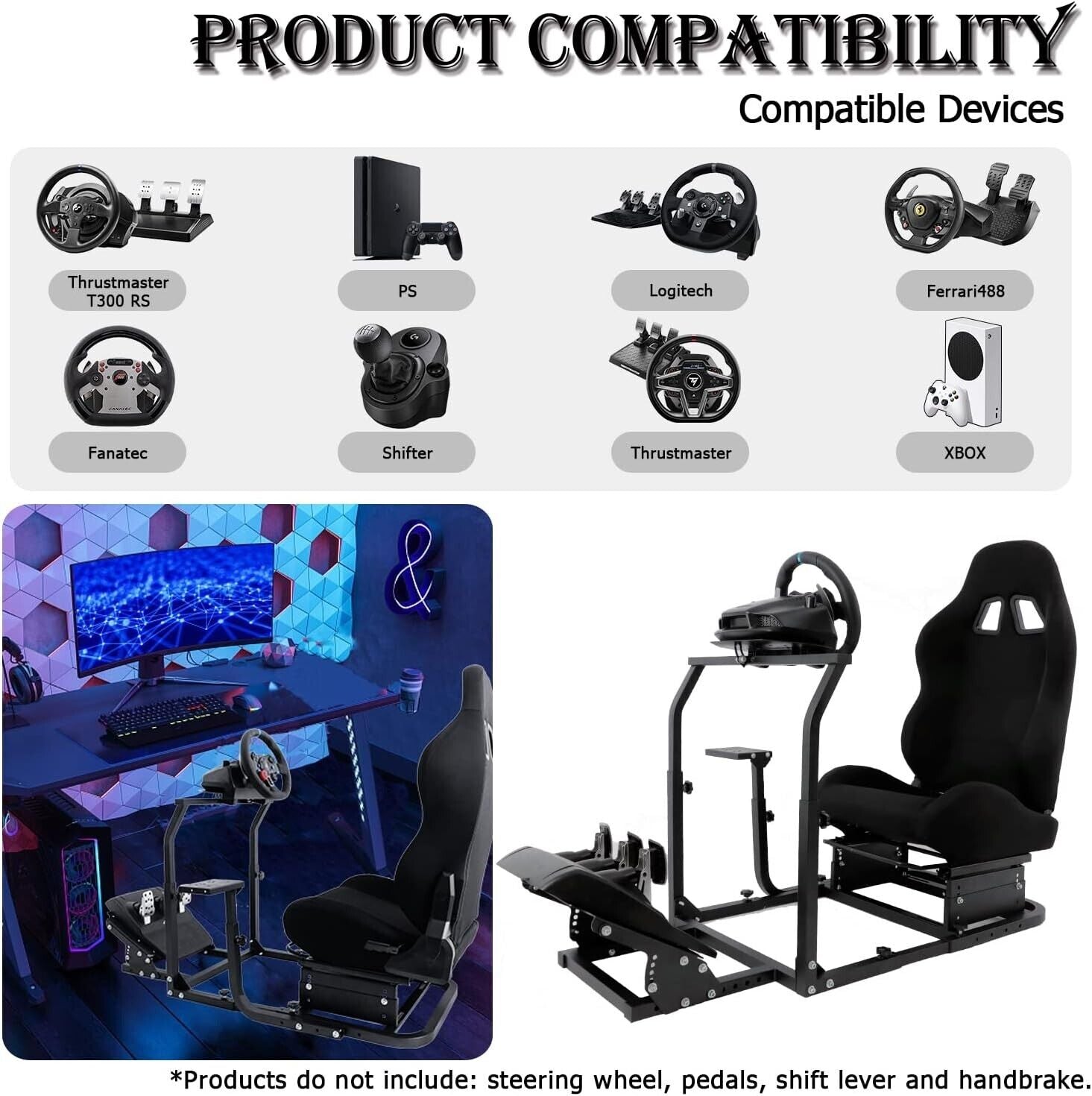 MNR Driving Game Sim Racing Frame Rig + Seat for Wheel Pedals Xbox PS PC