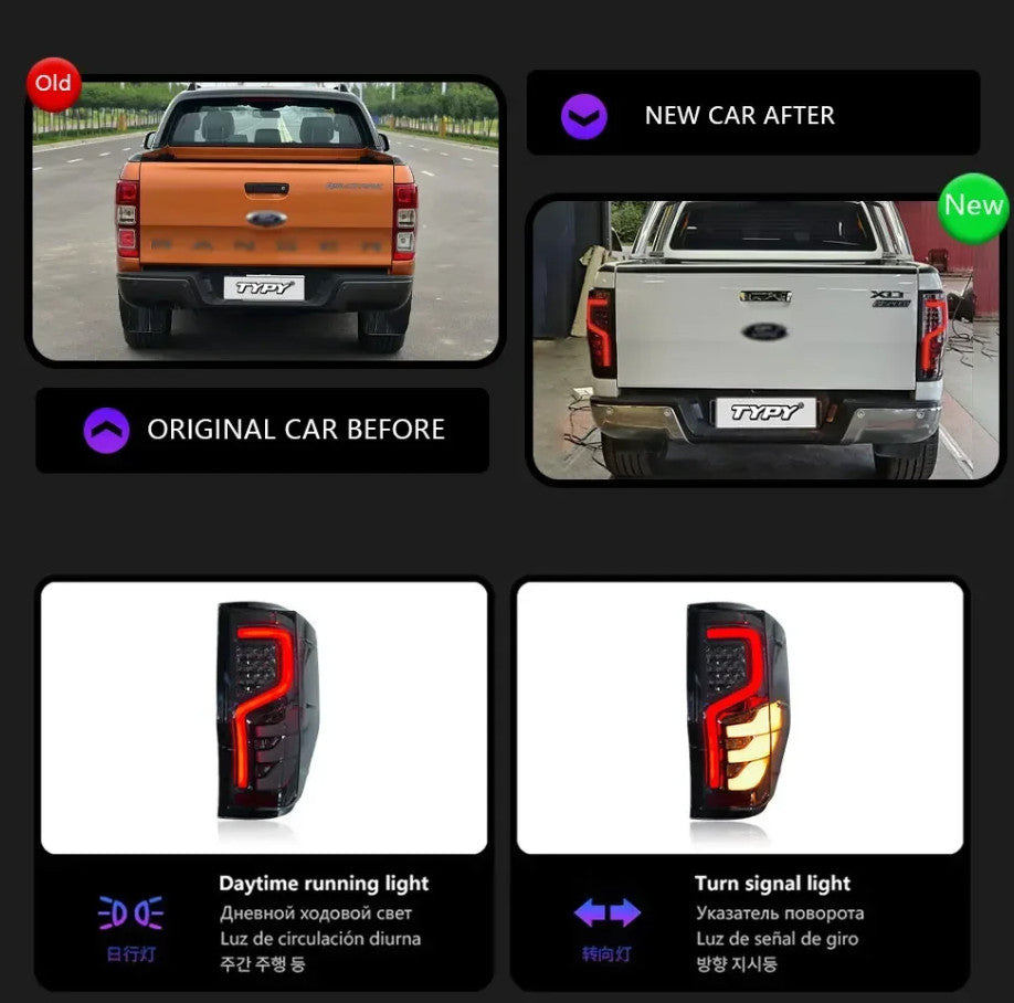 TYPY Pair Ford Ranger 12-22 LED Dynamic Rear Lights Tail Lamps Dynamic Tail LHD