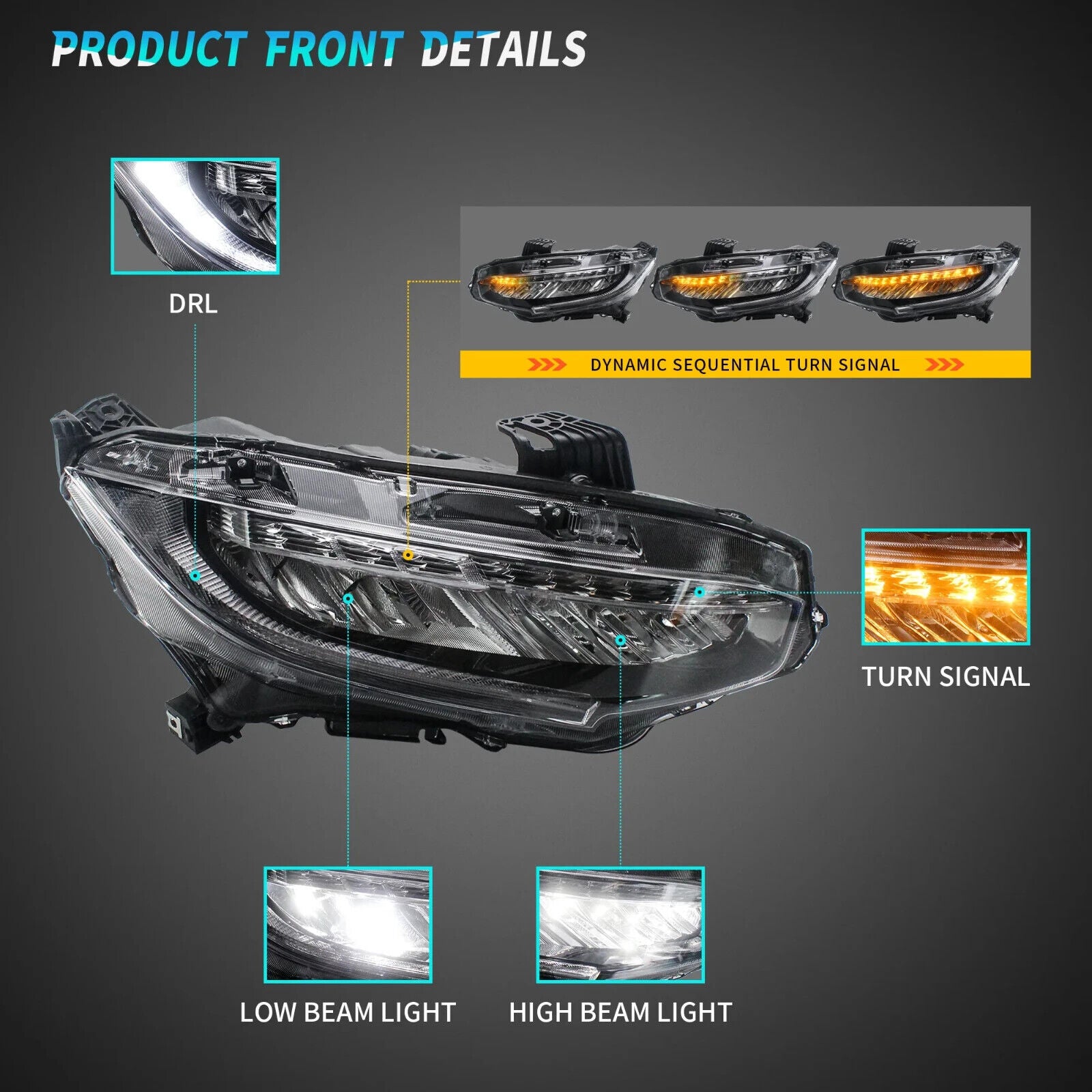 VLAND Honda Civic 10 Sedan Coupe Hatchback 16-21 LED DRL Lightbar Headlights