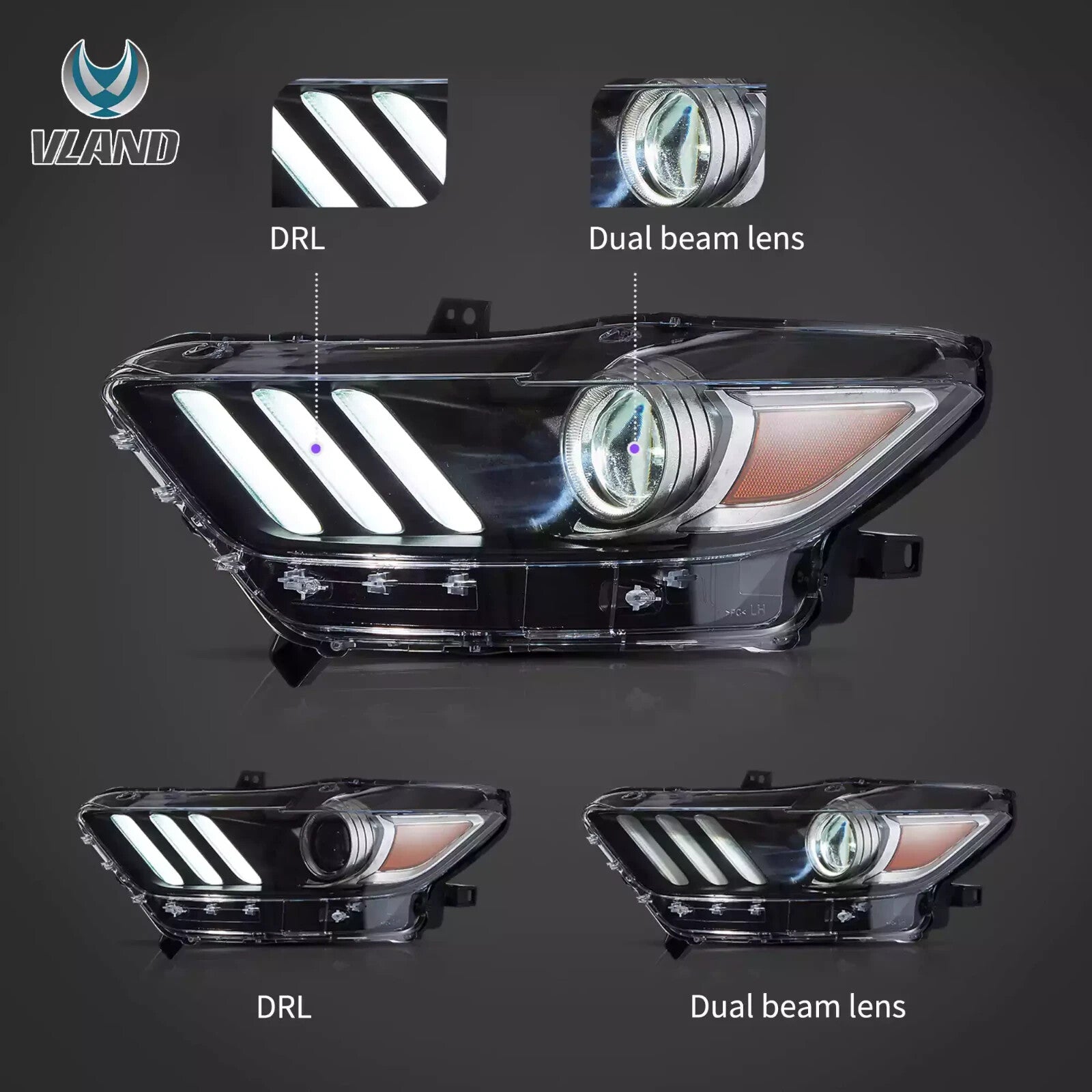 VLAND Pair 2015-2017 Ford Mustang LED DRL Projector Aftermarket Headlights LHD