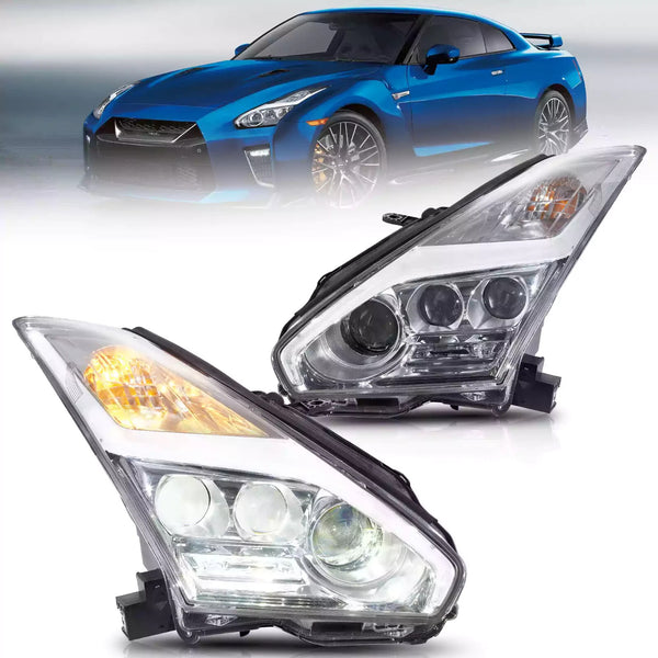 VLAND Pair 08-23 GT-R R35 LED DRL Halo Projector Headlights Lamps Chrome LHD