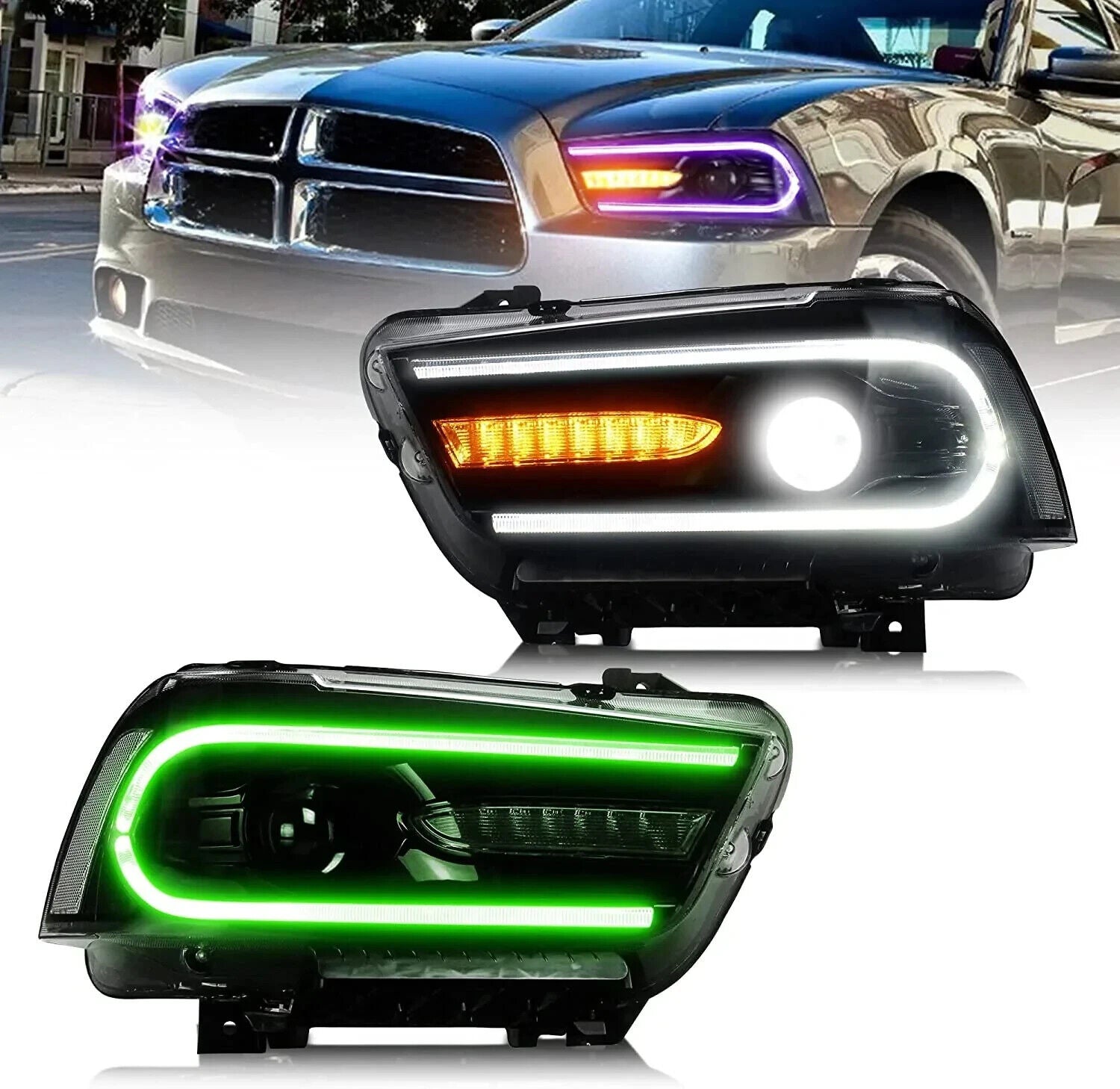 VLAND RGB Dual Beam Dodge Charger 2011-2014 SEQ LED DRL Lightbar Headlights