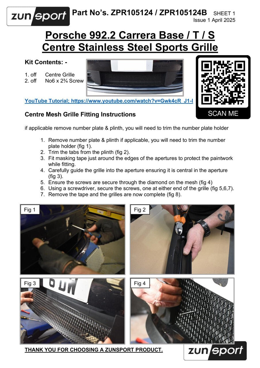Zunsport Porsche Carrera 992.2 Base T S 24+ Stainless Centre Grille Front Bumper