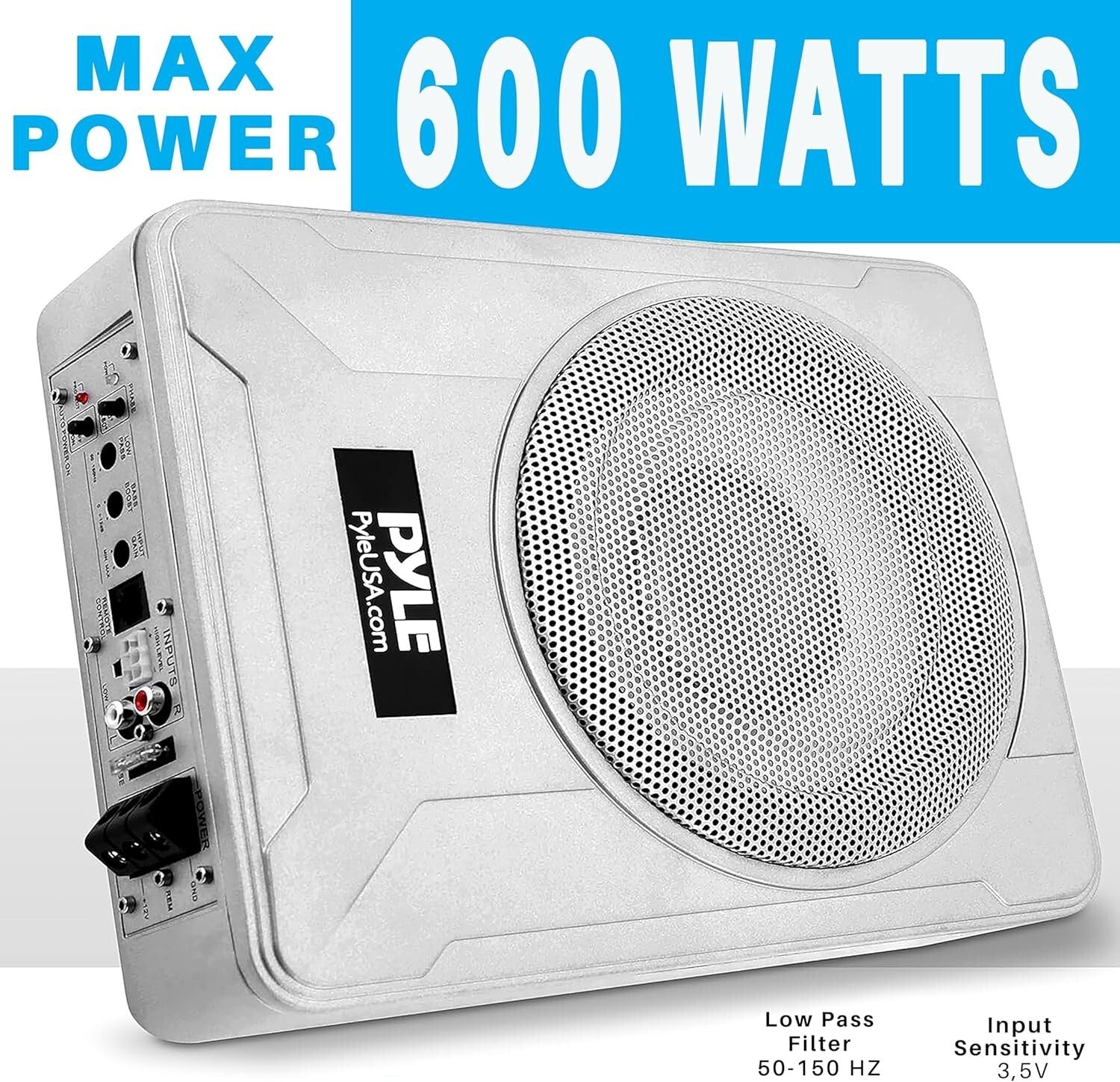 8 Inch Low Profile Amplified Subwoofer 600 Watt Compact Enclosed Under Seat