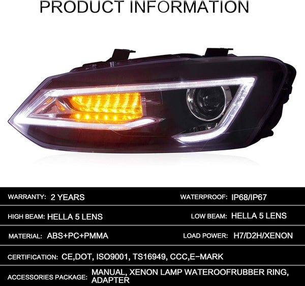 UK VLAND LED DRL Lightbar Headlights VW Polo MK5 6R 6C 09–17 LHD