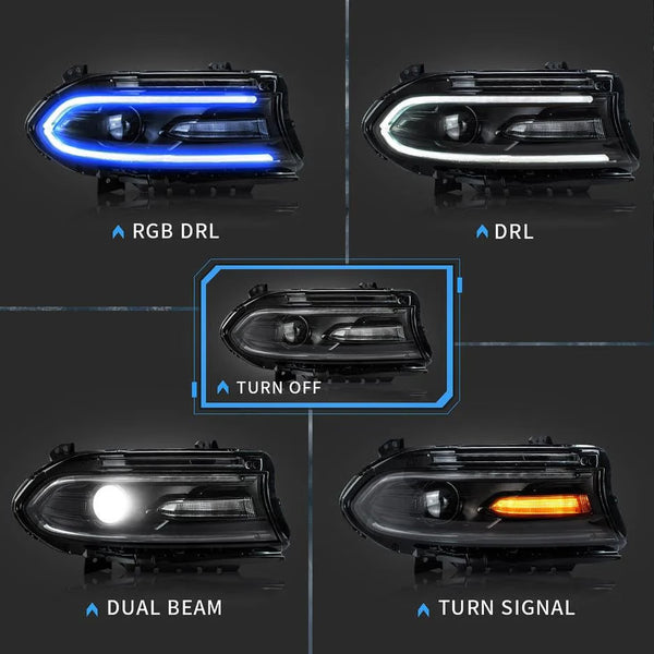 VLAND EU Pair Dodge Challenger 15-23 LED DRL RGB Colour Halo Headlights LHD