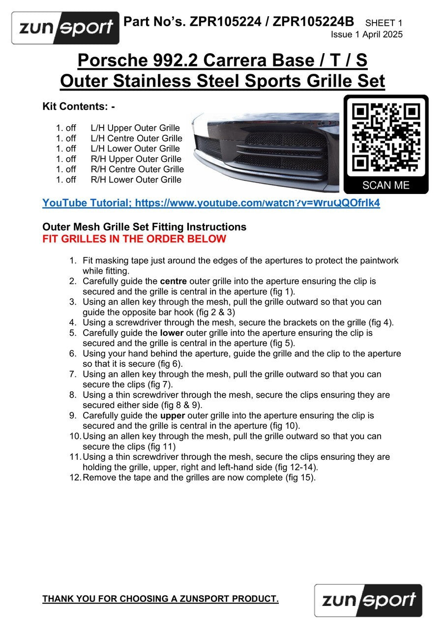 Zunsport Porsche Carrera 992.2 Base T S 24+ Stainless Outer Grille Front Bumper